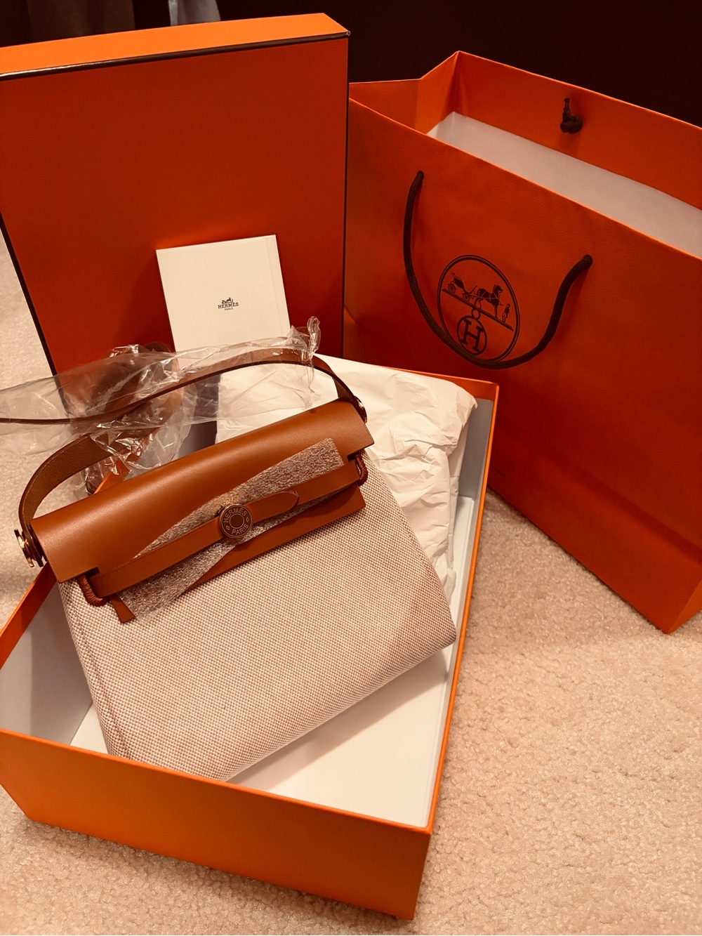 Hermès Beige Canvas & Tan Leather Shoulder Bag